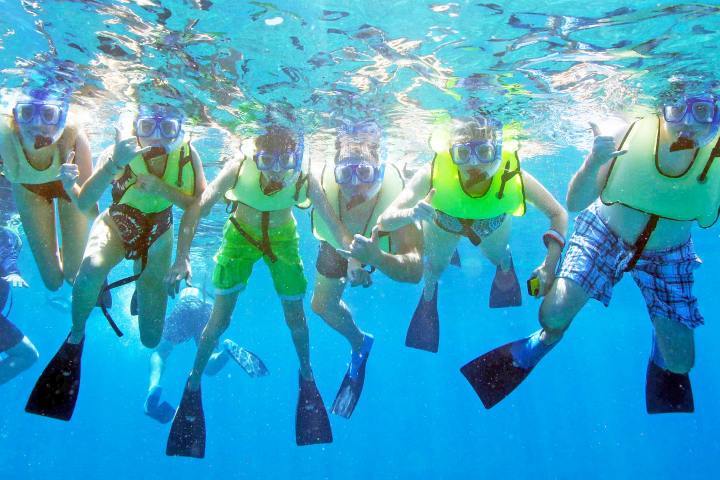 Group of snorkelers in the ocean at molasses coral reef in key largo