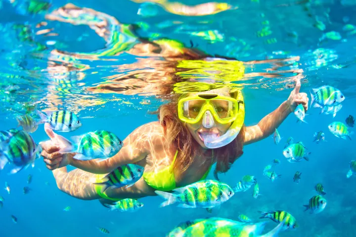 Tourist with snorkeling mask underwater with fishes school at coral reef